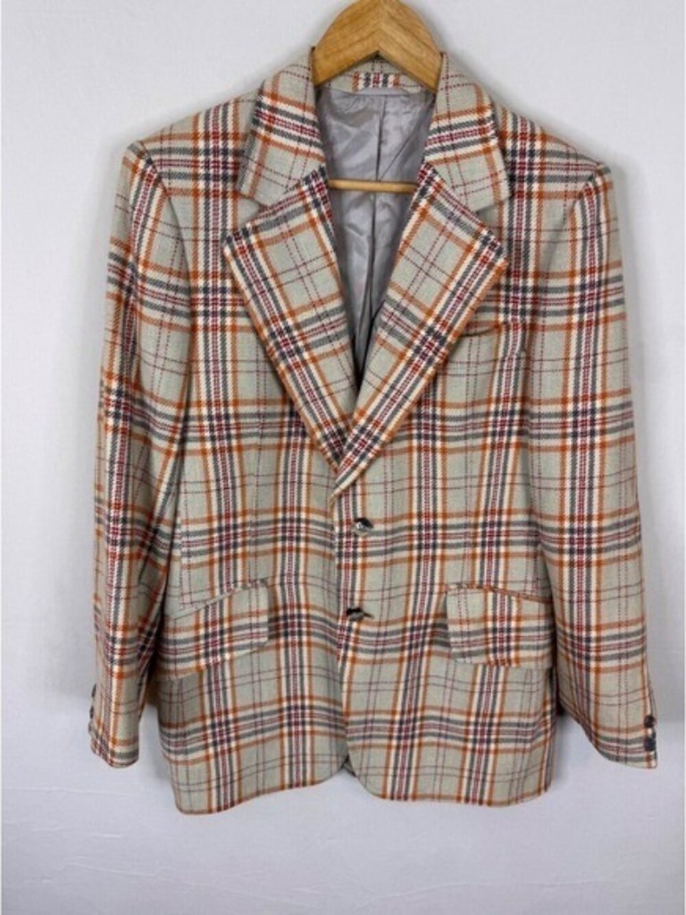 Vintage Plaid Blazer Jacket Orange Grey Beige Check Two Button Sport Coat 38 70s